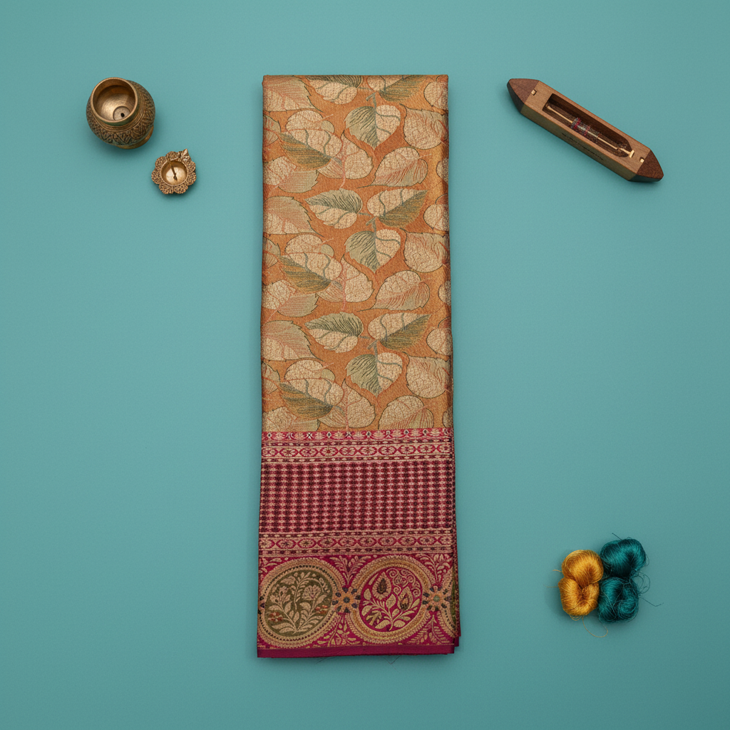 kuberan Antique Gold Peepal Leaf Kanchipuram Silk Saree with Deep Magenta Zari Border