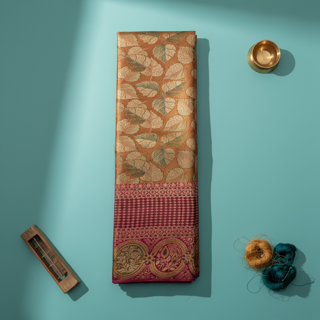 kuberan Antique Gold Peepal Leaf Kanchipuram Silk Saree with Deep Magenta Zari Border