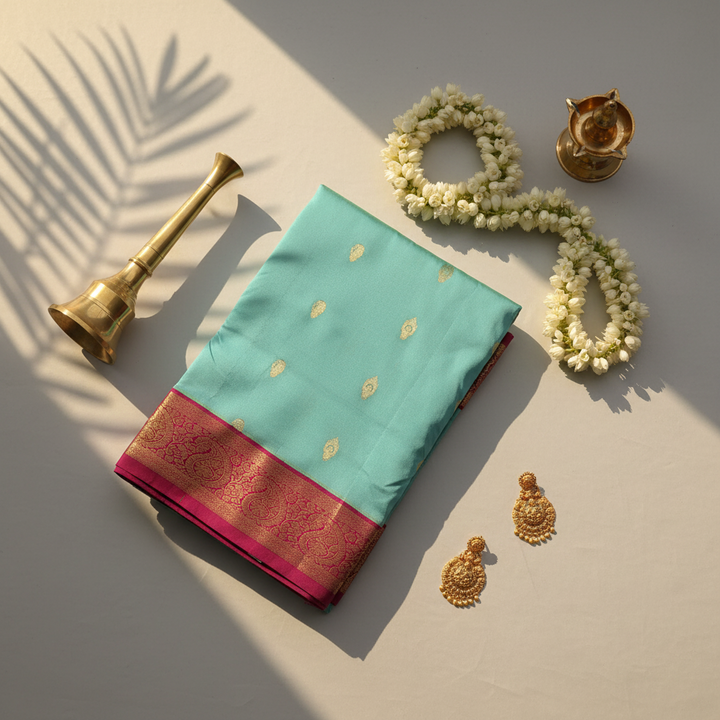 kuberan pure Silk 9 Yards Saree - Aqua Blue with Magenta Zari Border