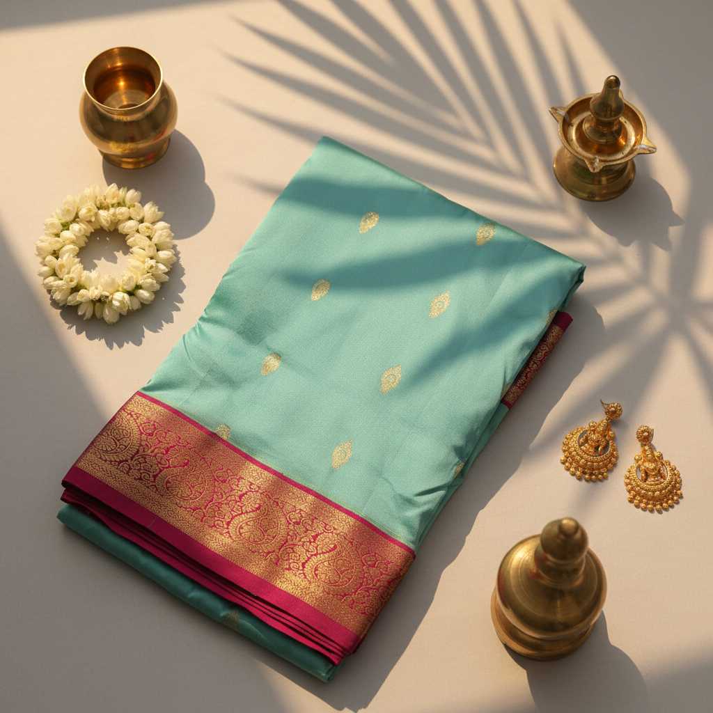 kuberan pure Silk 9 Yards Saree - Aqua Blue with Magenta Zari Border