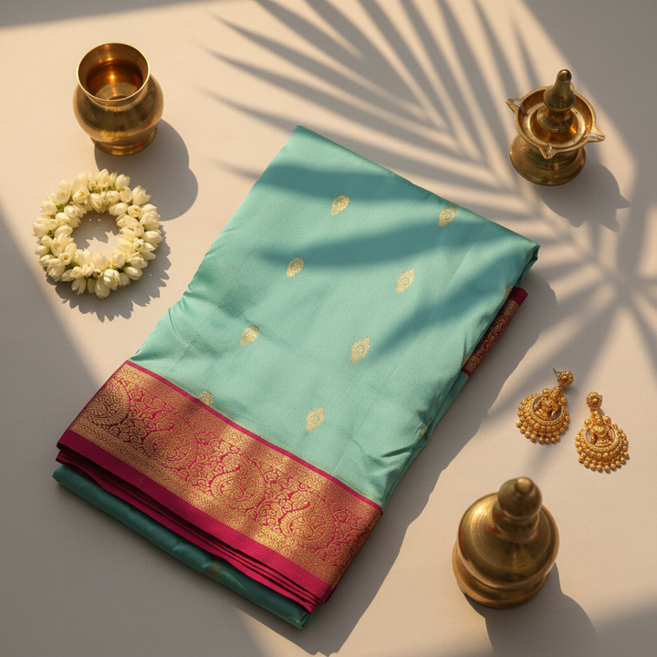 kuberan pure Silk 9 Yards Saree - Aqua Blue with Magenta Zari Border