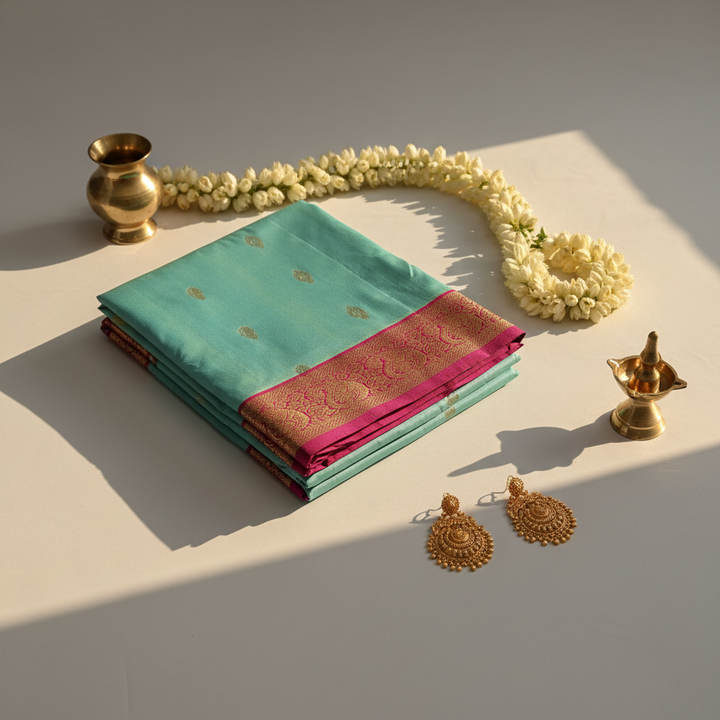 kuberan pure Silk 9 Yards Saree - Aqua Blue with Magenta Zari Border
