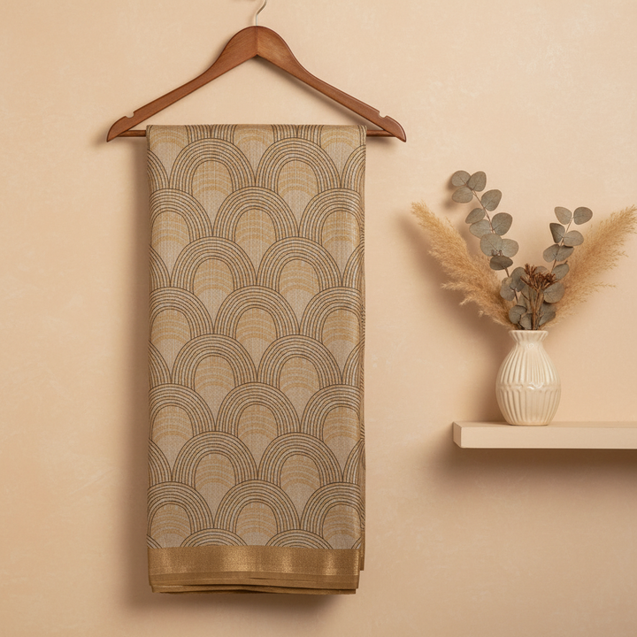 KUBERAN GOLDEN BEIGE PRINTED RAW SILK SAREE