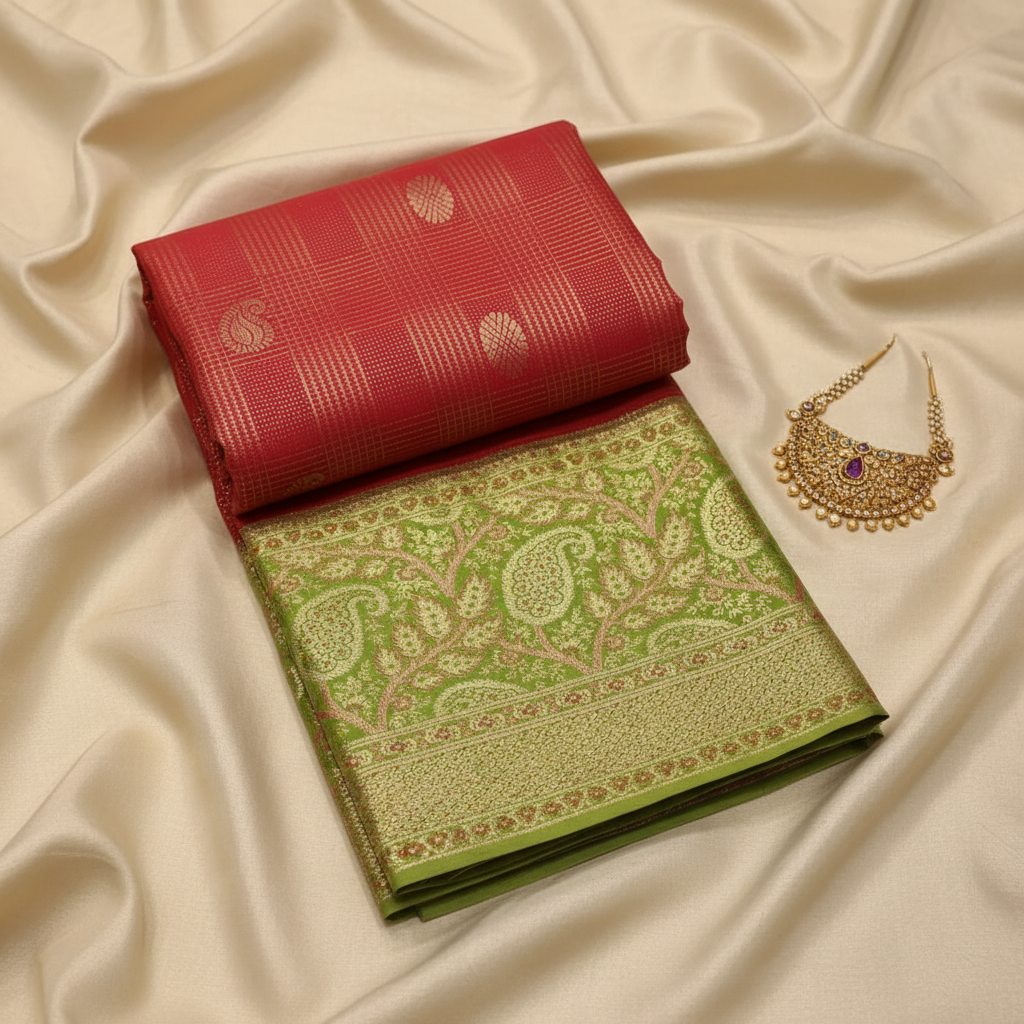 Kuberan Art Silk Pavada  Red & Green Paisley Brocade