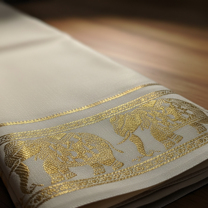 KUBERAN WHITE AIRAVAT BORDER PURE CREPE SAREE