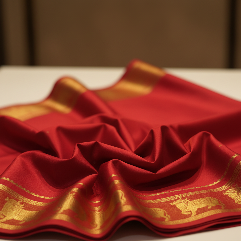 KUBERAN RED NANDI BORDER PURE CREPE SAREE