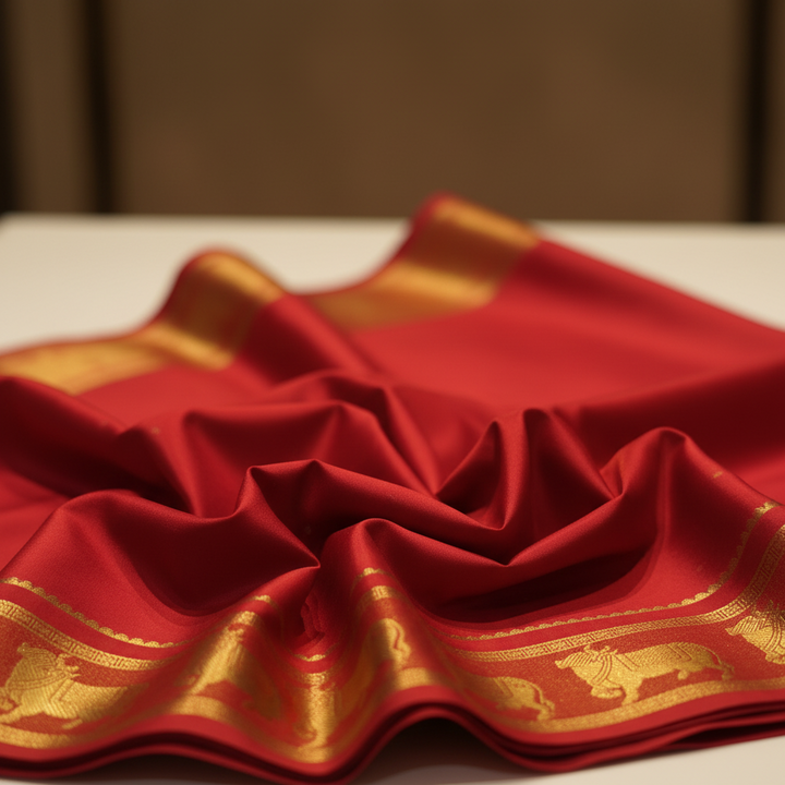 KUBERAN RED NANDI BORDER PURE CREPE SAREE