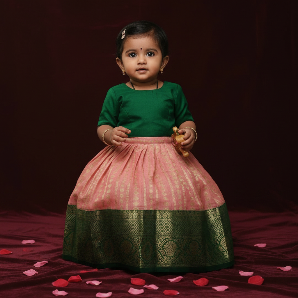 Kuberan Baby Pink & Dark Green Art Silk Pavada