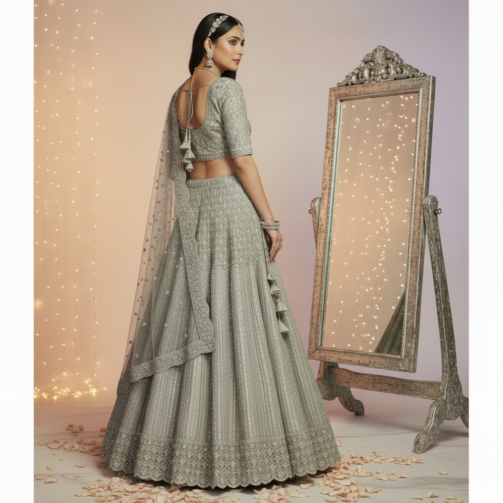 Kuberan Silver Grey Bridal Lehenga Semi Stitched