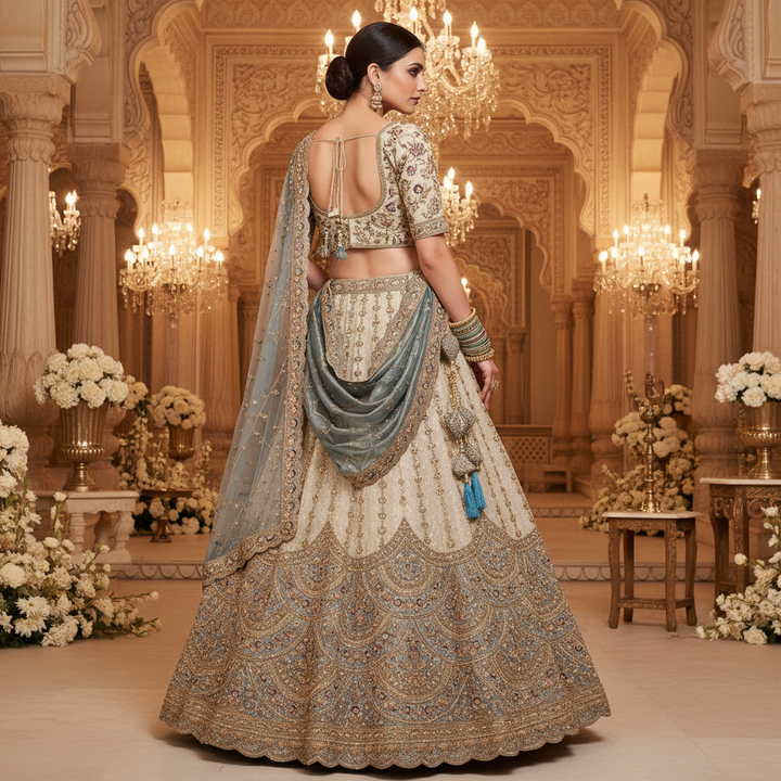 Kuberan Blue Grey Embroidered Semi Stitched Bridal Lehenga