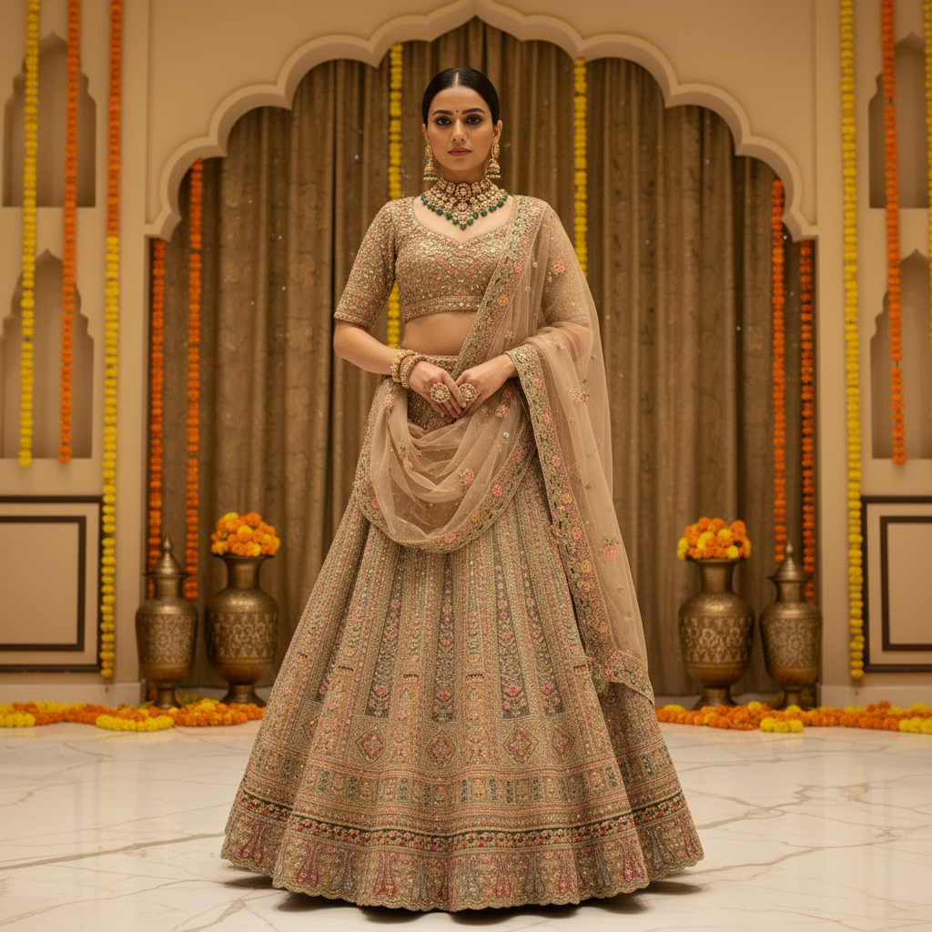 Kuberan Golden Beige Bridal Semi Stitched Lehenga.