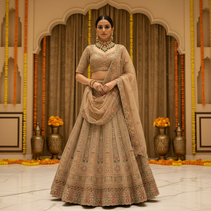 Kuberan Golden Beige Bridal Semi Stitched Lehenga.