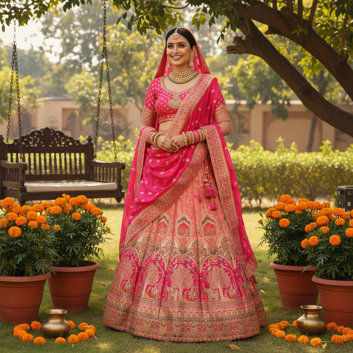 Kuberan Hot Pink Banarasi Silk Lehenga with Gold Zari Elephant Motif semi stitched