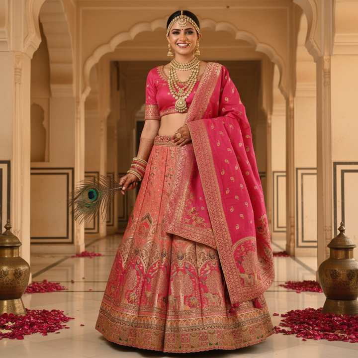 Kuberan Hot Pink Banarasi Silk Lehenga with Gold Zari Elephant Motif semi stitched