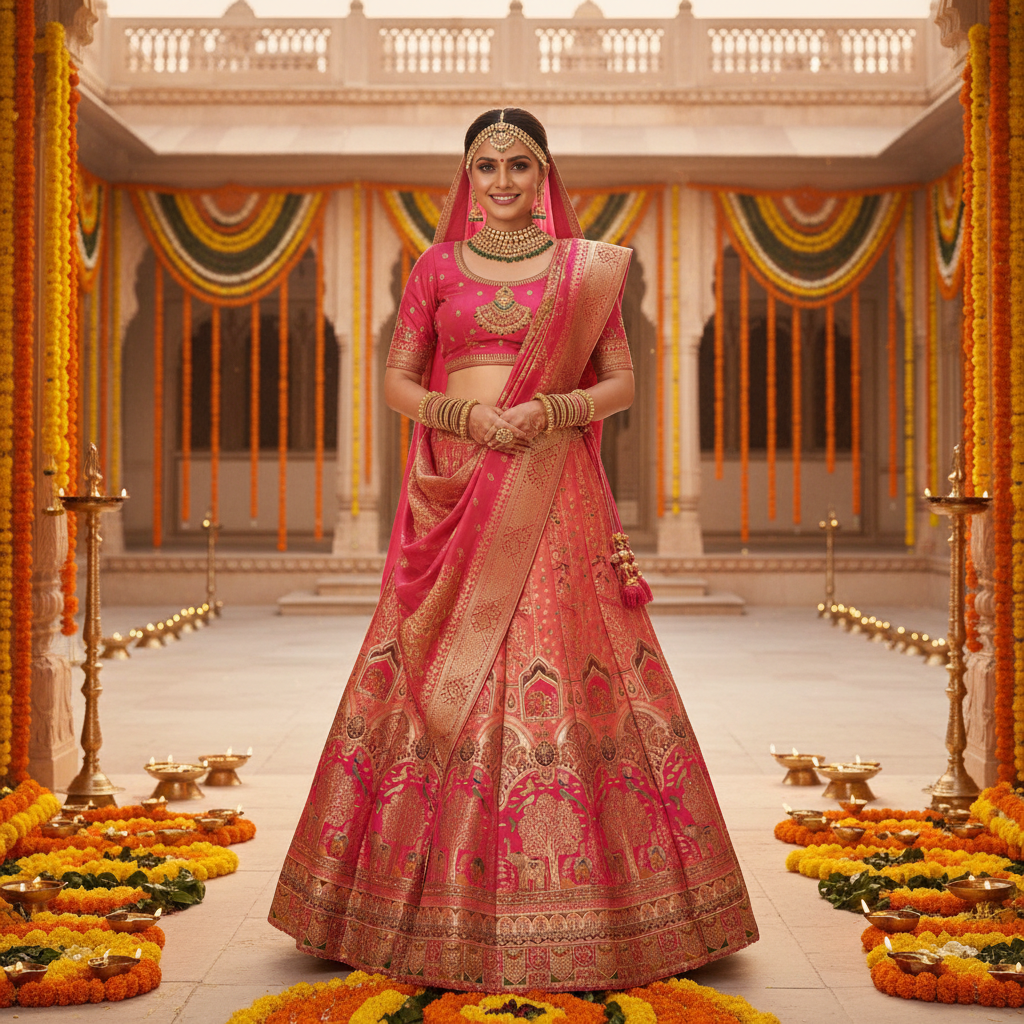 Kuberan Hot Pink Banarasi Silk Lehenga with Gold Zari Elephant Motif semi stitched
