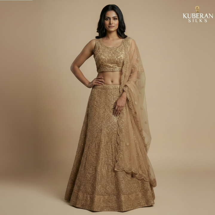 Kuberan Golden Beige Unstitched Embroidered Net Lehenga