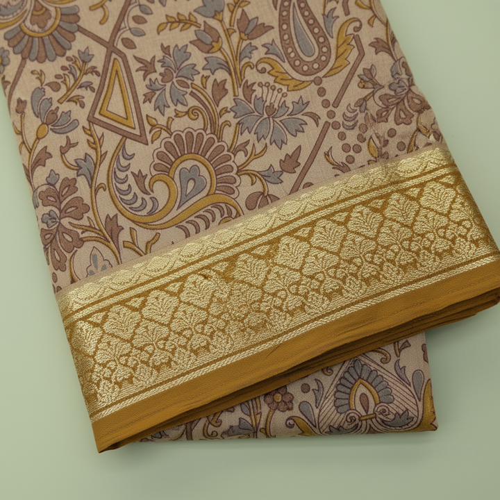 KUBERAN PALE BROWN PURE SILK PRINTED SAREE