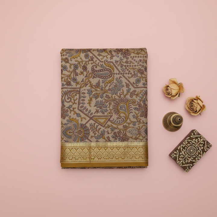 KUBERAN PALE BROWN PURE SILK PRINTED SAREE