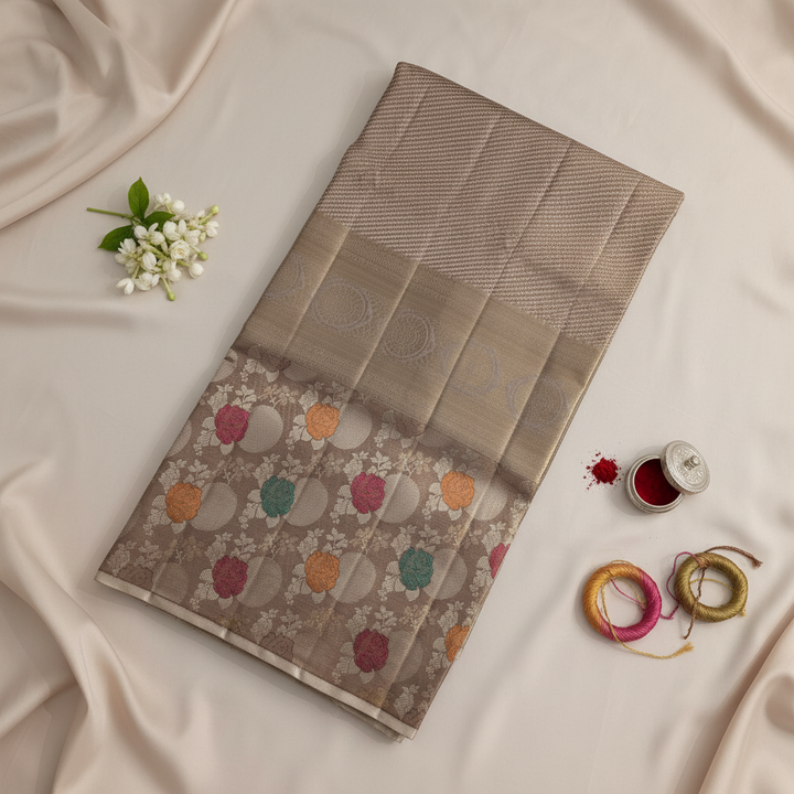 Kuberan Beige Kanchipuram Silk Saree with Colorful Floral Border