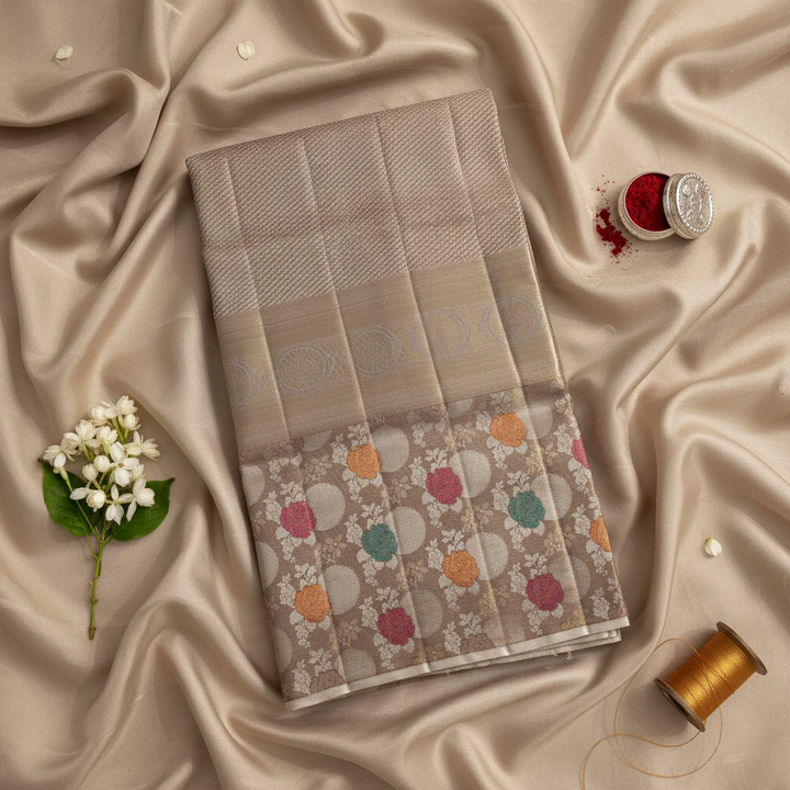 Kuberan Beige Kanchipuram Silk Saree with Colorful Floral Border