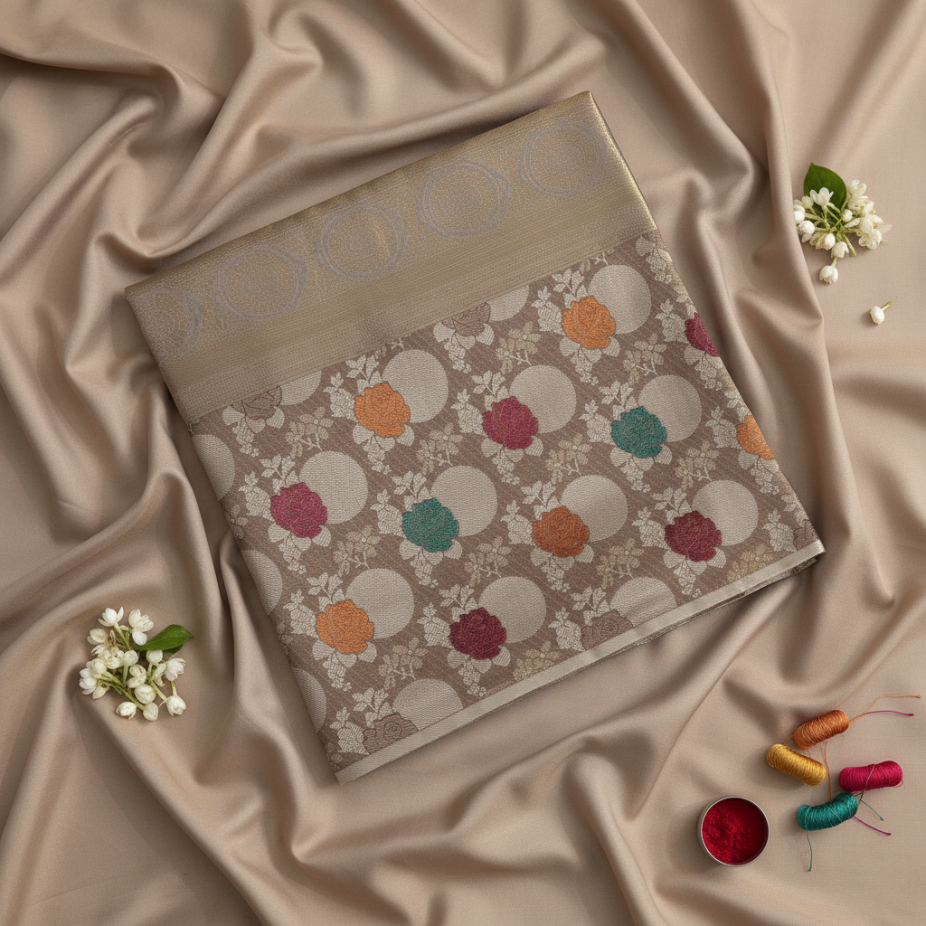 Kuberan Beige Kanchipuram Silk Saree with Colorful Floral Border