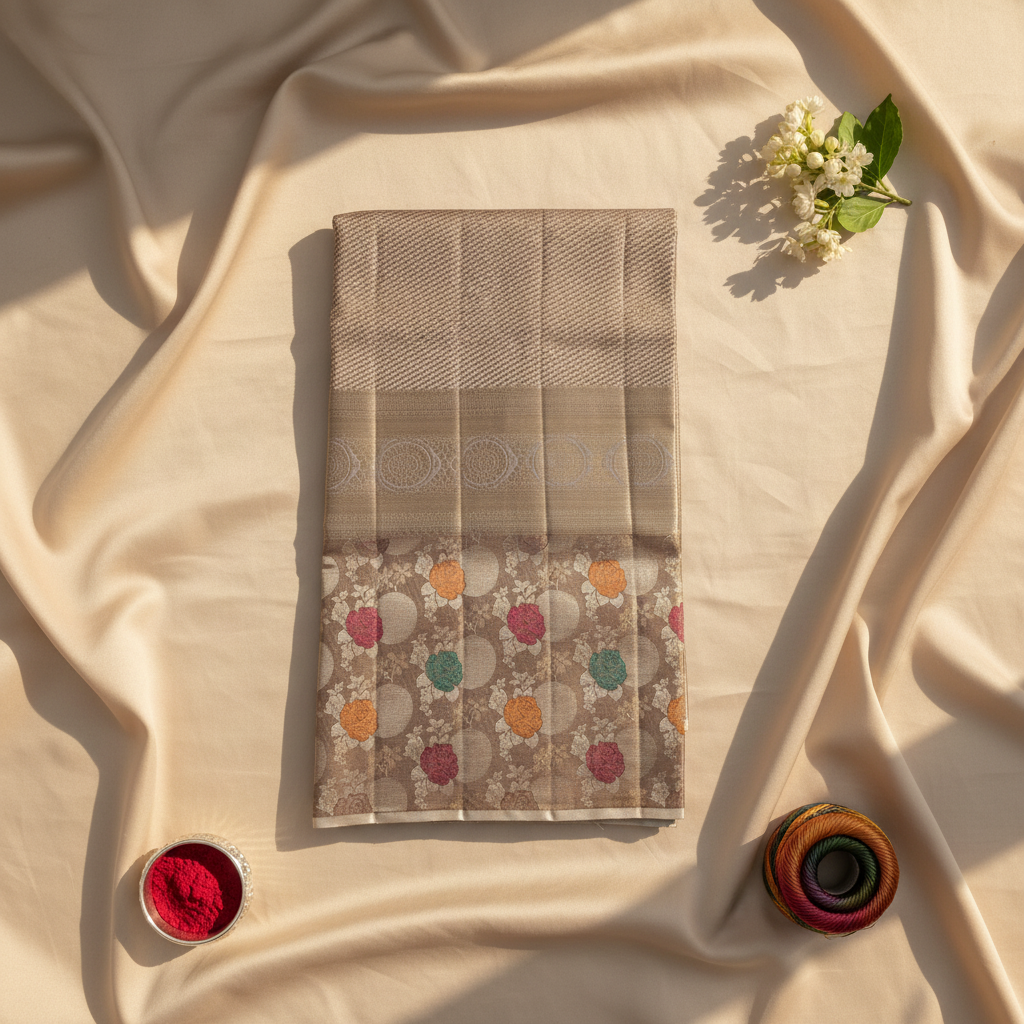 Kuberan Beige Kanchipuram Silk Saree with Colorful Floral Border
