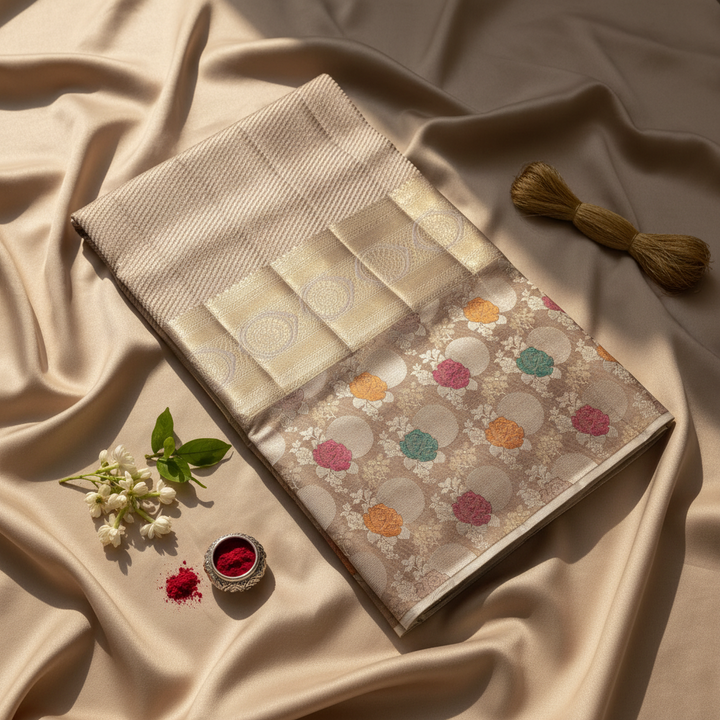 Kuberan Beige Kanchipuram Silk Saree with Colorful Floral Border