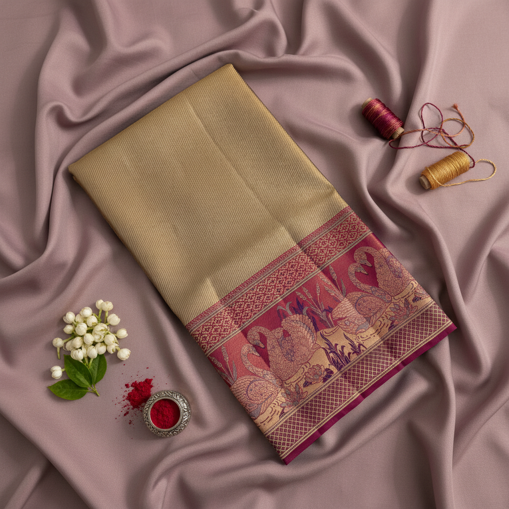 kuberan Beige Kanchipuram Silk Saree with pink Peacock and Floral Border