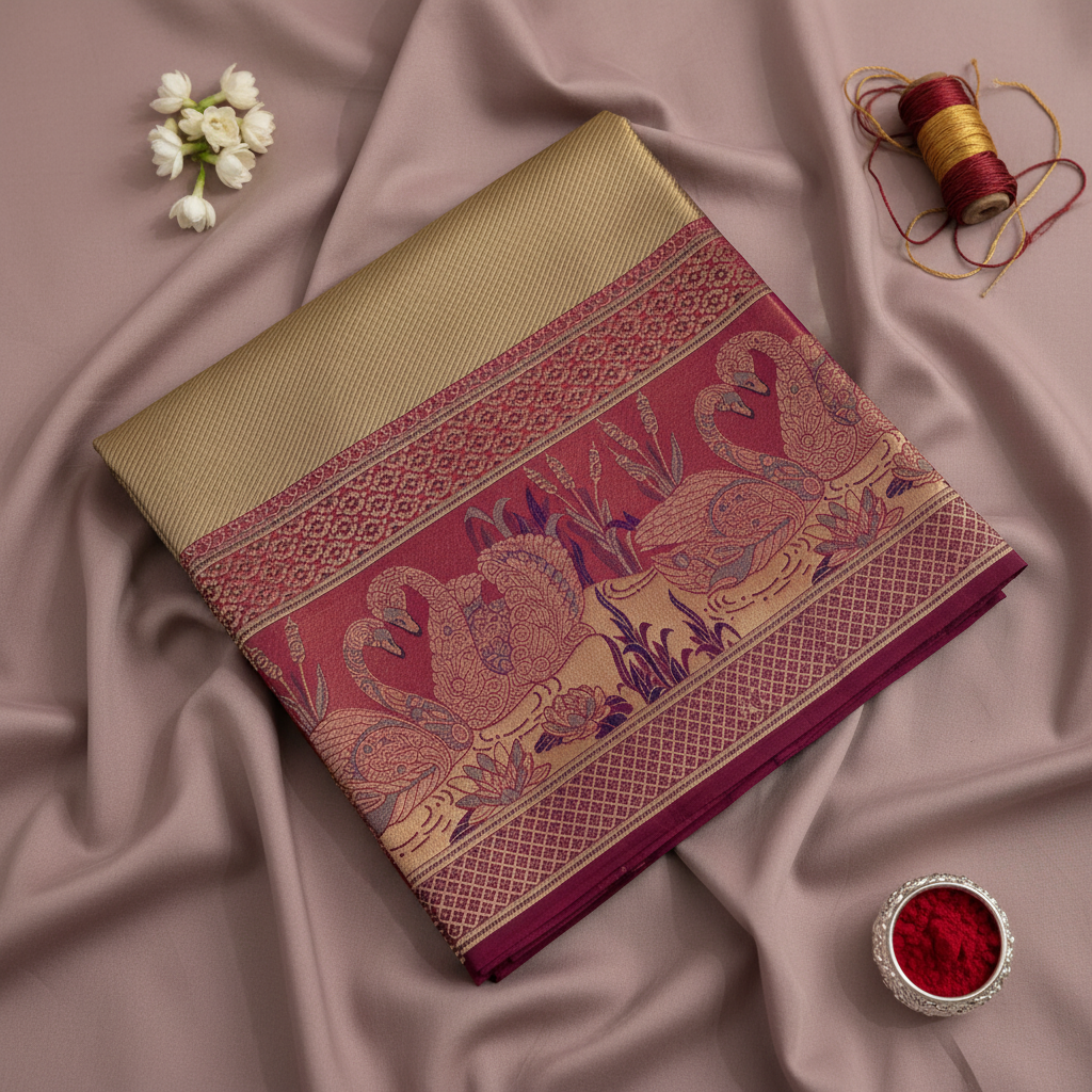 kuberan Beige Kanchipuram Silk Saree with pink Peacock and Floral Border