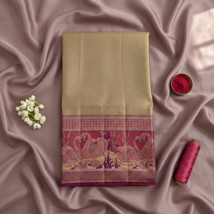 kuberan Beige Kanchipuram Silk Saree with pink Peacock and Floral Border
