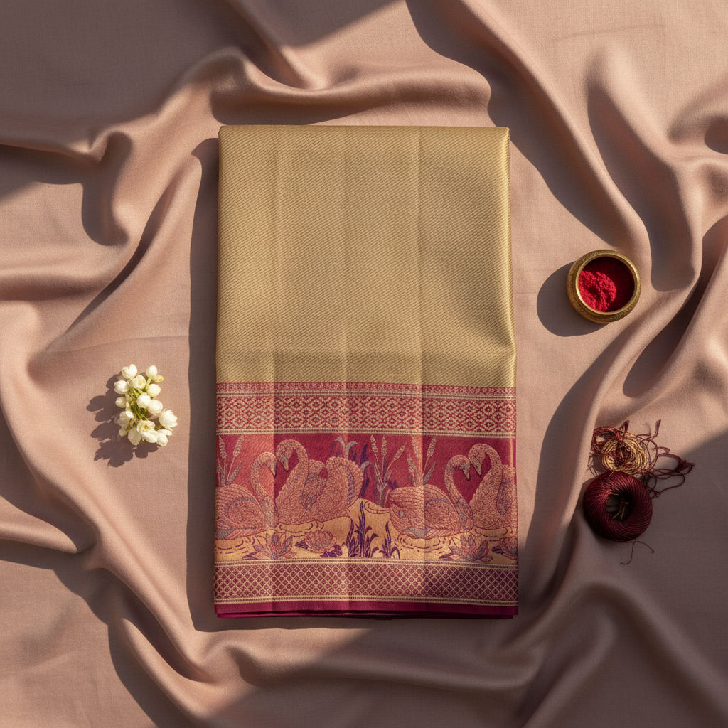 kuberan Beige Kanchipuram Silk Saree with pink Peacock and Floral Border