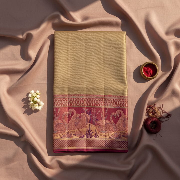 kuberan Beige Kanchipuram Silk Saree with pink Peacock and Floral Border