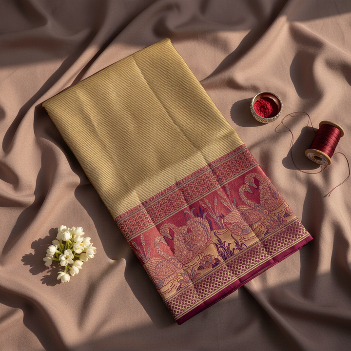 kuberan Beige Kanchipuram Silk Saree with pink Peacock and Floral Border