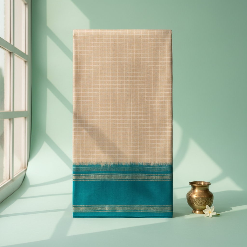KUBERAN BEIGE WITH BLUE POCHAMPALLY SILK SAREE