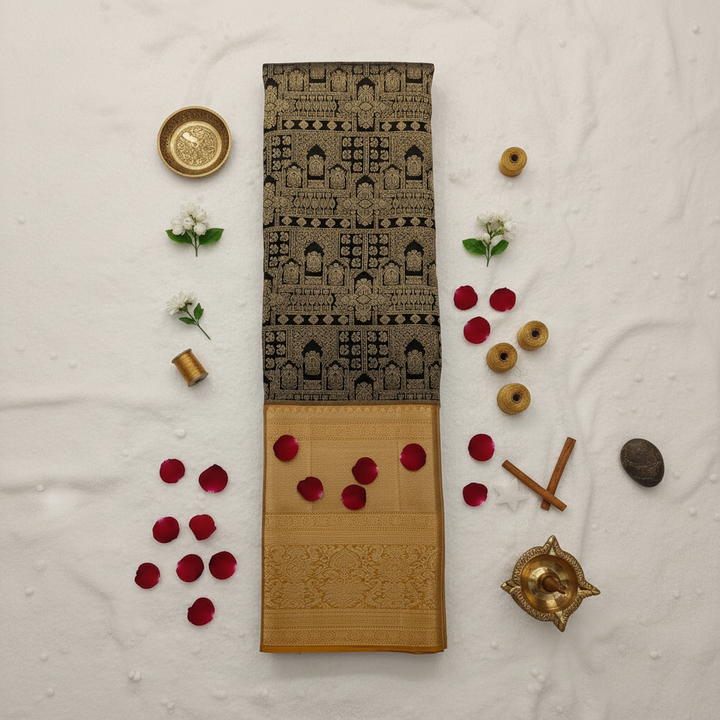 kuberan Black with Golden Temple Motifs Kanchipuram Silk Saree