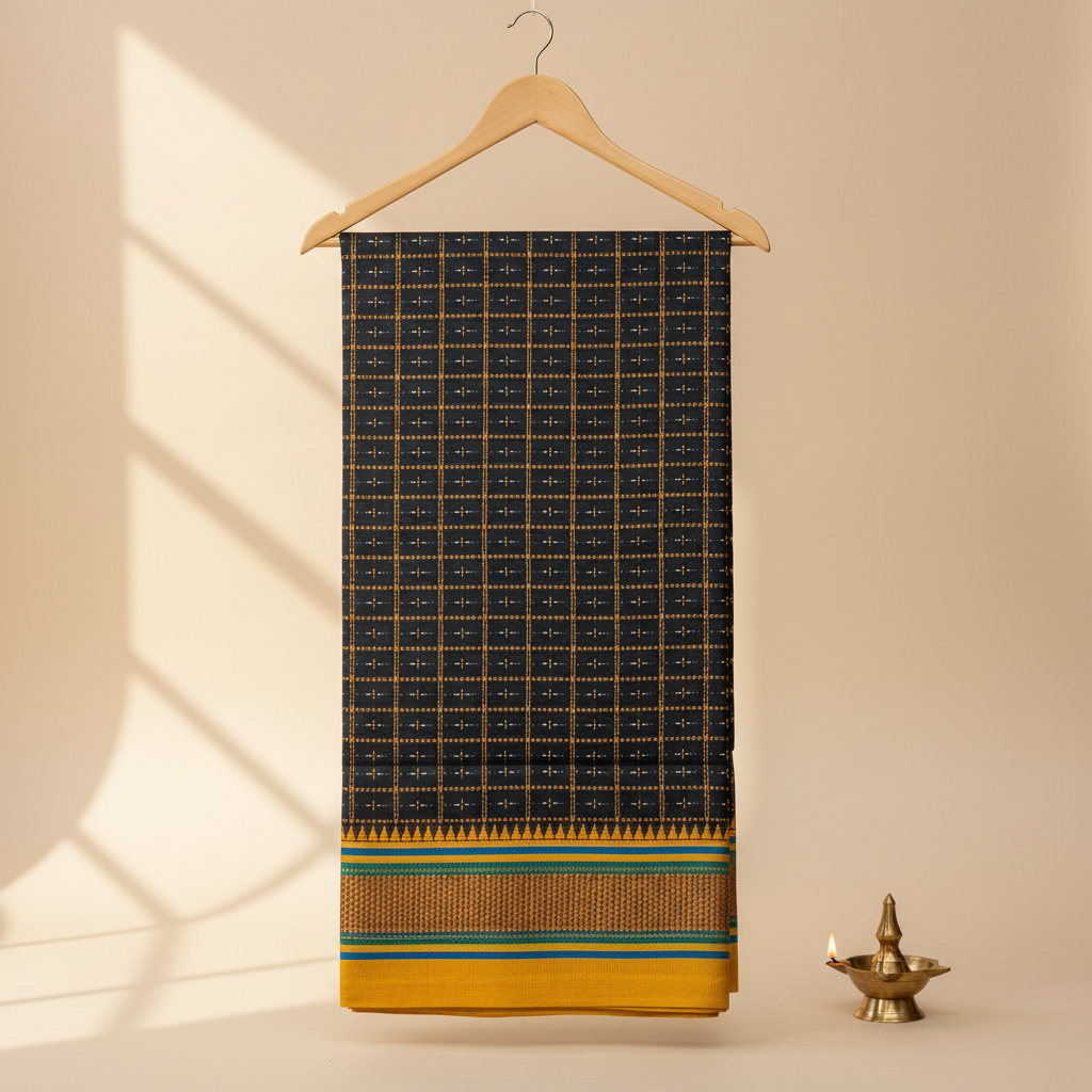KUBERAN BLACK WITH MUSTARD COTTON CHECKS SAREE