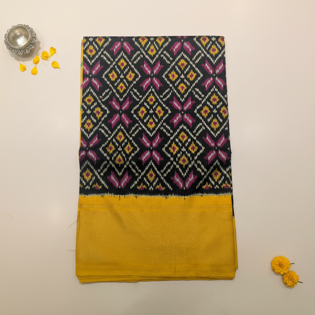 KUBERAN BLACK YELLOW POCHAMPALLY SILK SAREE