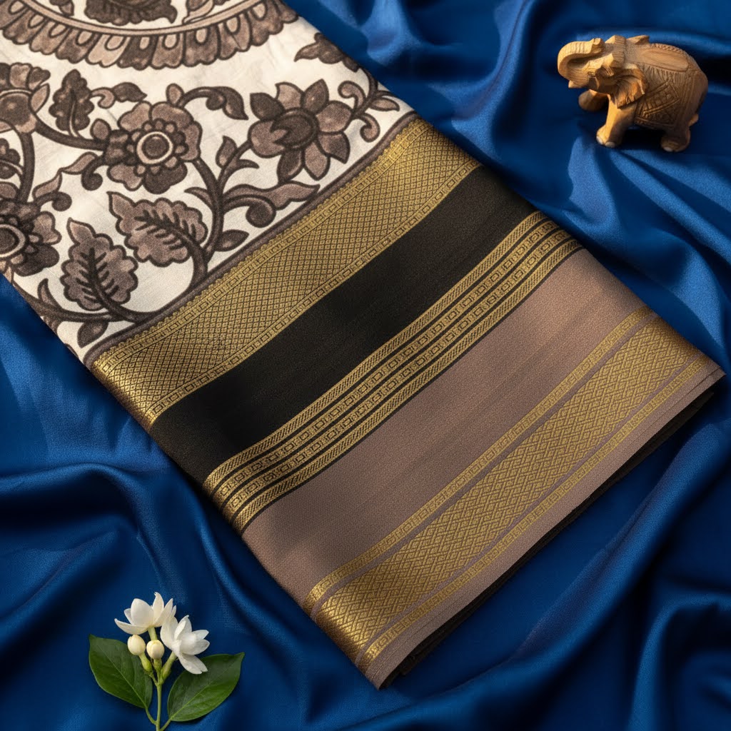 kuberan Black Floral Kalamkari Mysore Silk Saree