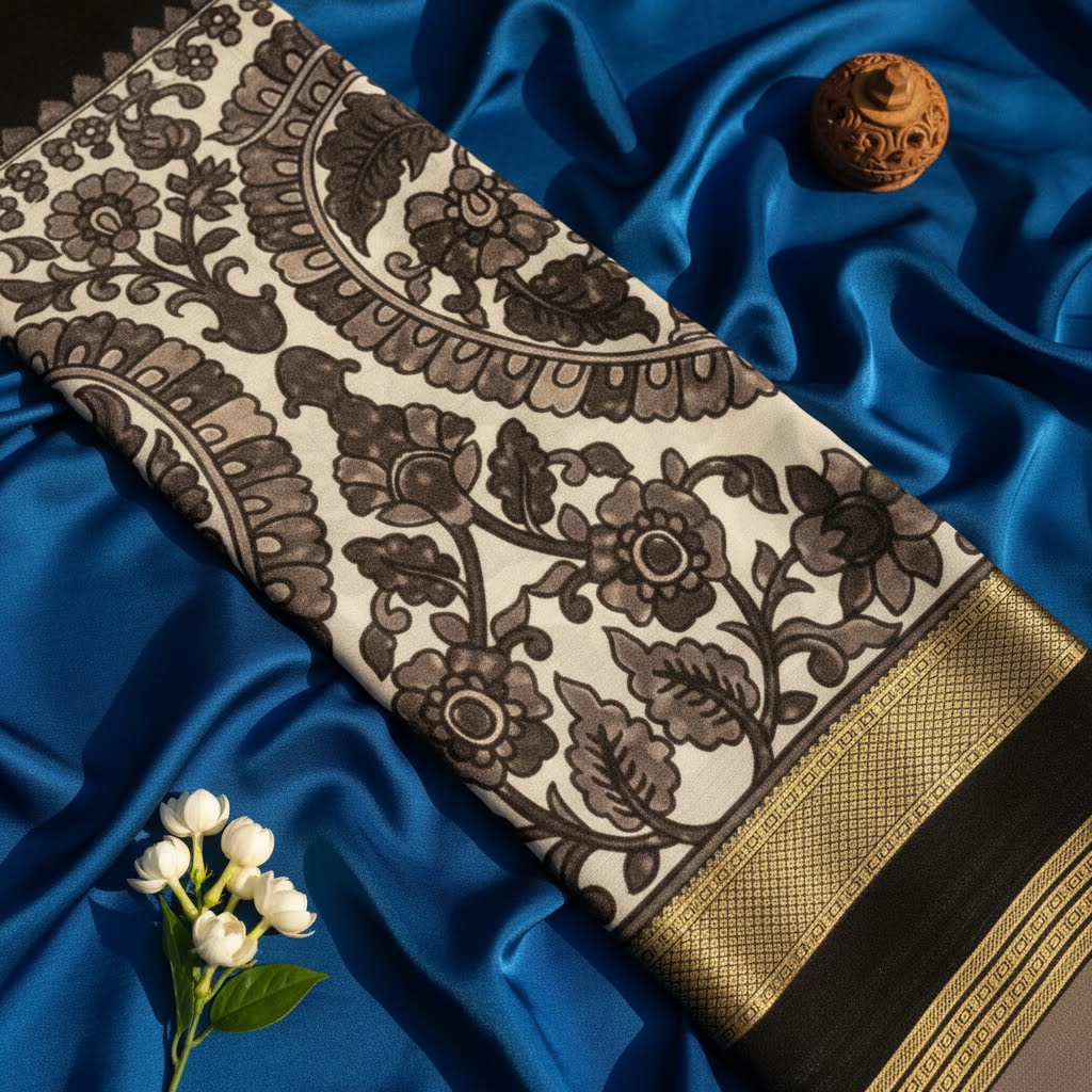 kuberan Black Floral Kalamkari Mysore Silk Saree