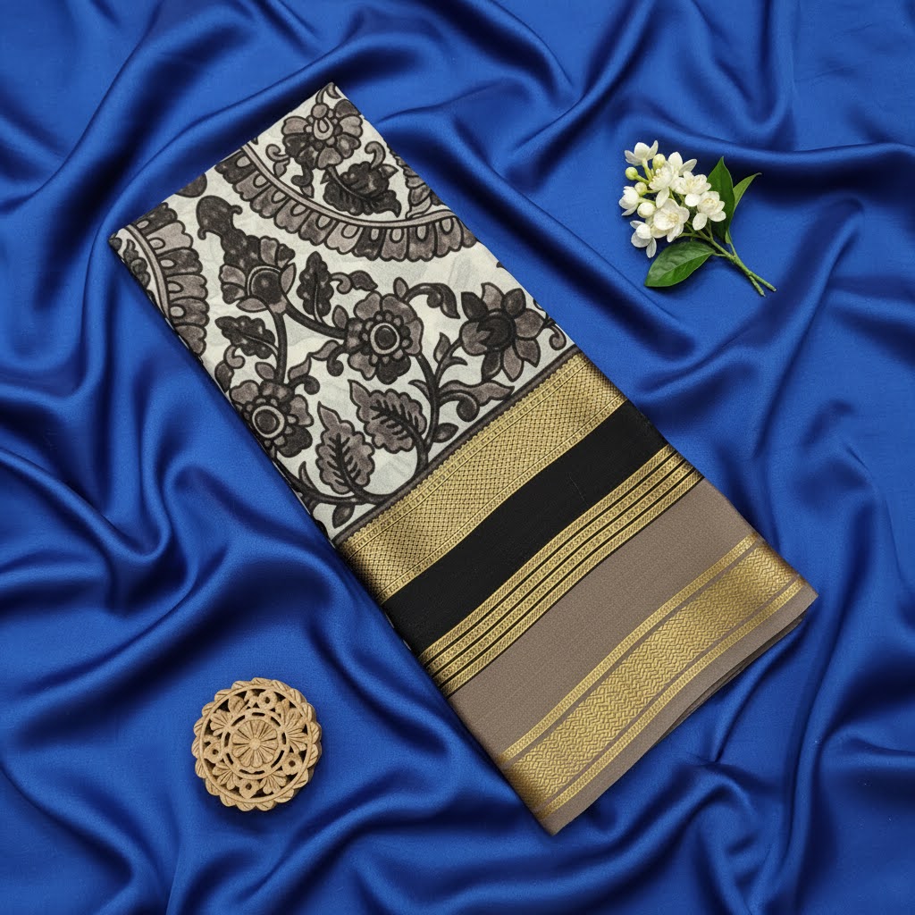 kuberan Black Floral Kalamkari Mysore Silk Saree