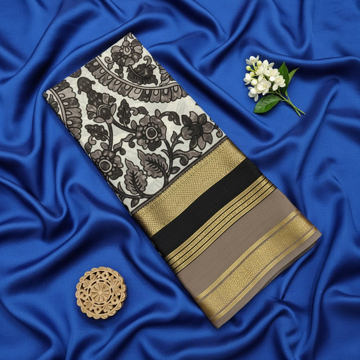 kuberan Black Floral Kalamkari Mysore Silk Saree