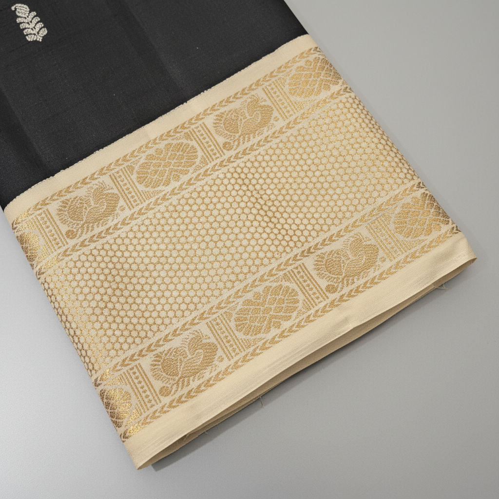 Kuberan Black Kanchipuram Silk Saree with Gold & Silver Leaf Motifs and Dual 2 Border