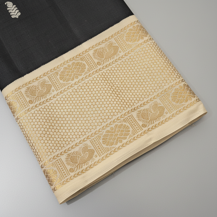 Kuberan Black Kanchipuram Silk Saree with Gold & Silver Leaf Motifs and Dual 2 Border