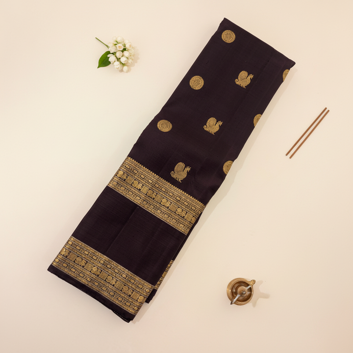Kuberan maroon Kanchipuram Silk Saree with Golden Mandala & Peacock Motifs
