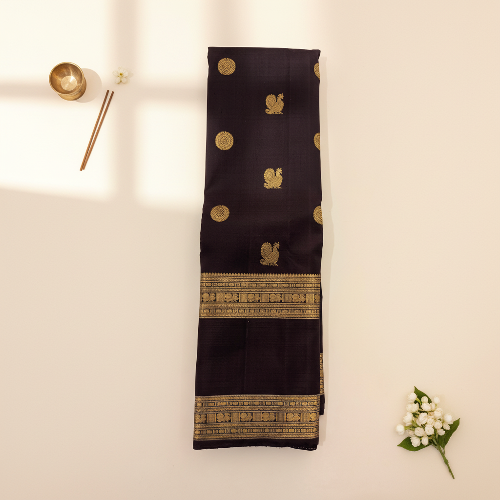 Kuberan maroon Kanchipuram Silk Saree with Golden Mandala & Peacock Motifs