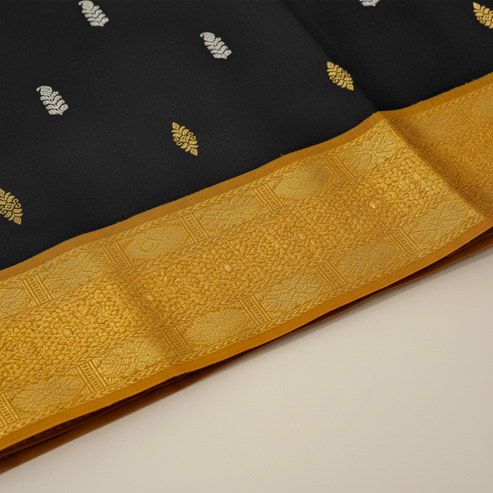 Kuberan Black Kanchipuram Silk Saree with Gold & Silver Leaf Motifs and Dual 2 Border