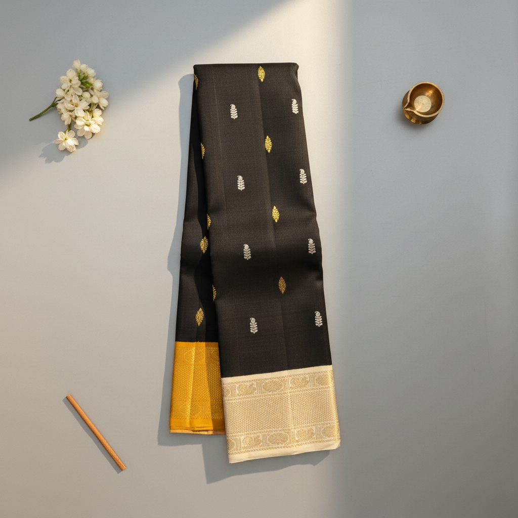 Kuberan Black Kanchipuram Silk Saree with Gold & Silver Leaf Motifs and Dual 2 Border