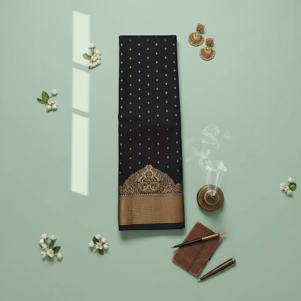 Black saree with gold zari border - Pastel background 2000x2000