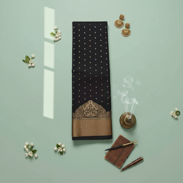 Black saree with gold zari border - Pastel background 2000x2000