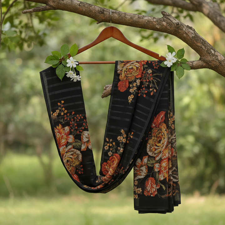 KUBERAN BLACK PURE CHIFFON PRINTED SAREE